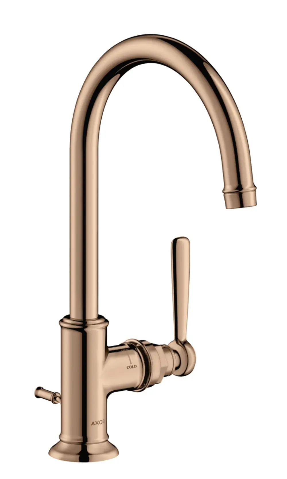 Einhebel-Waschtischmischer mit gebogenem Auslauf und Hebelgriff, gefertigt von AXOR. In Polished Red Gold mit einem Zugstangen-Ablaufmechanismus.